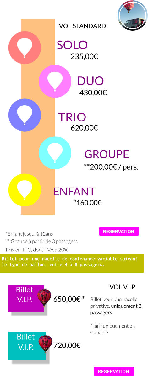 Billet pour une nacelle privative, uniquement 2 passagers   *Tarif uniquement en semaine VOL V.I.P. 650,00 € *  Billet V.I.P.    Billet V.I.P.    720,00 €  RESERVATION RESERVATION *Enfant jusqu’ à 12ans  ** Groupe à partir de 3 passagers  Prix en TTC, dont TVA à 20%  Billet pour une nacelle de contenance variable suivant le type de ballon, entre 4 à 8 passagers.    VOL STANDARD **200,00 € / pers. GROUPE    SOLO    235,00 € TRIO    620,00 € DUO    430,00 € ENFANT *160,00 € RESERVATION RESERVATION